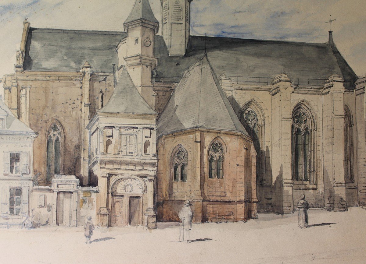 Chiesa di Boulogne - Francia - Disegno e Acquarello - XIX secolo-photo-2