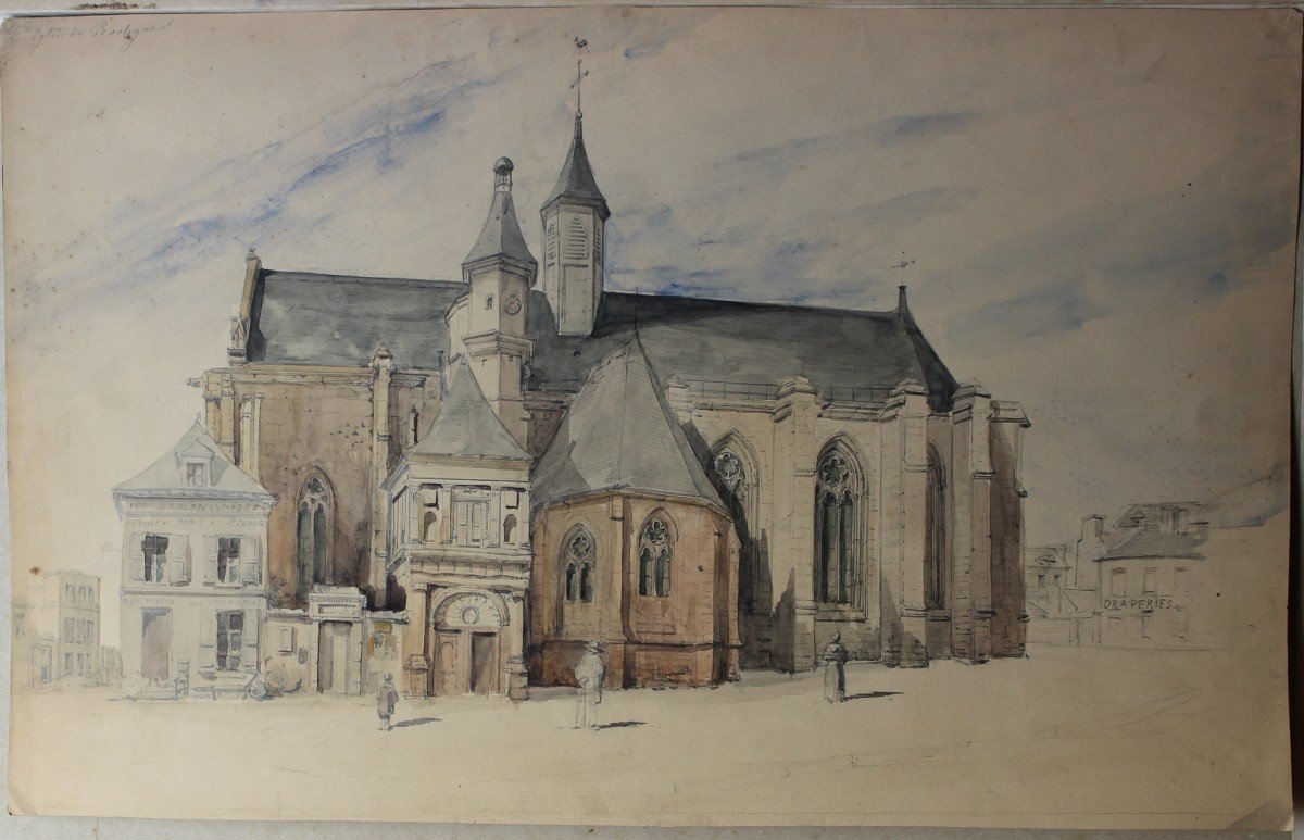 Chiesa di Boulogne - Francia - Disegno e Acquarello - XIX secolo