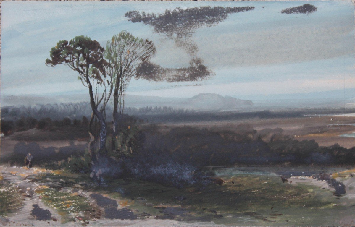 Eugène Cicéri (1813 - 1890) Paesaggio ​​​​​Gouache Firmato