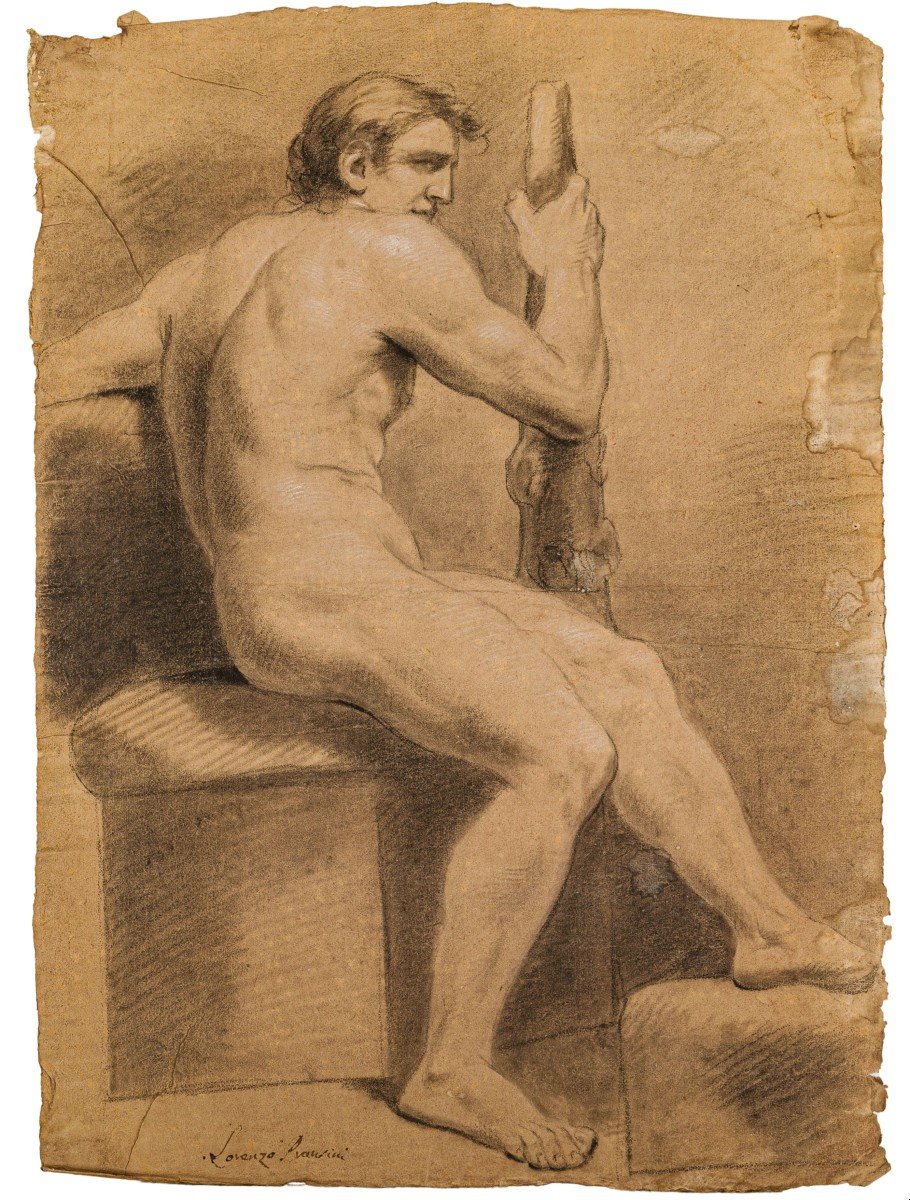 Nudo accademico - scuola bolognese - Pranzini - Calvi - Gandolfi - Disegno firmato