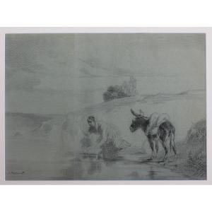 Jules Jacques Veyrassat (1828 – 1893) Disegno - Paesaggio con lavandaia