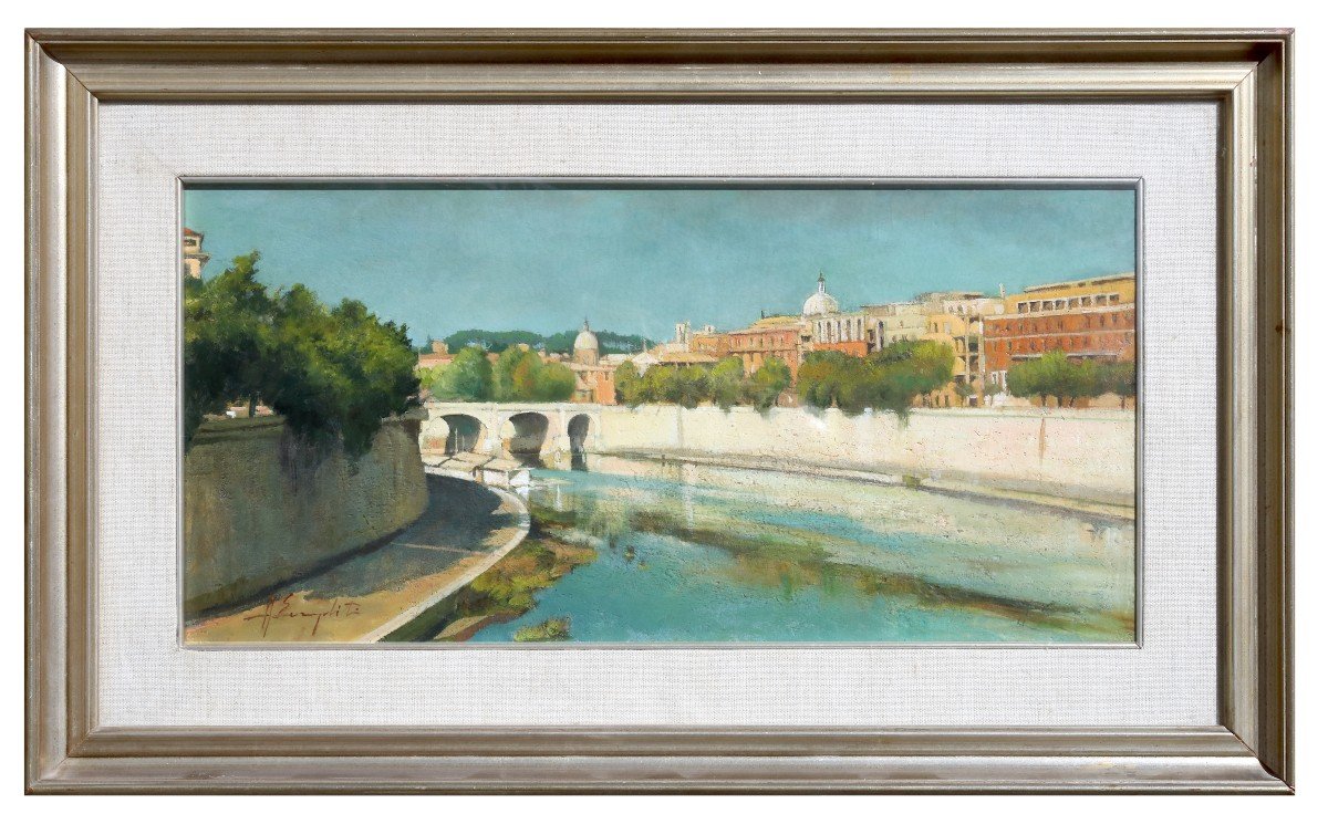 veduta di Roma moderna , lungotevere della Vittoria , Dipinto Italia 1940 ca-photo-2