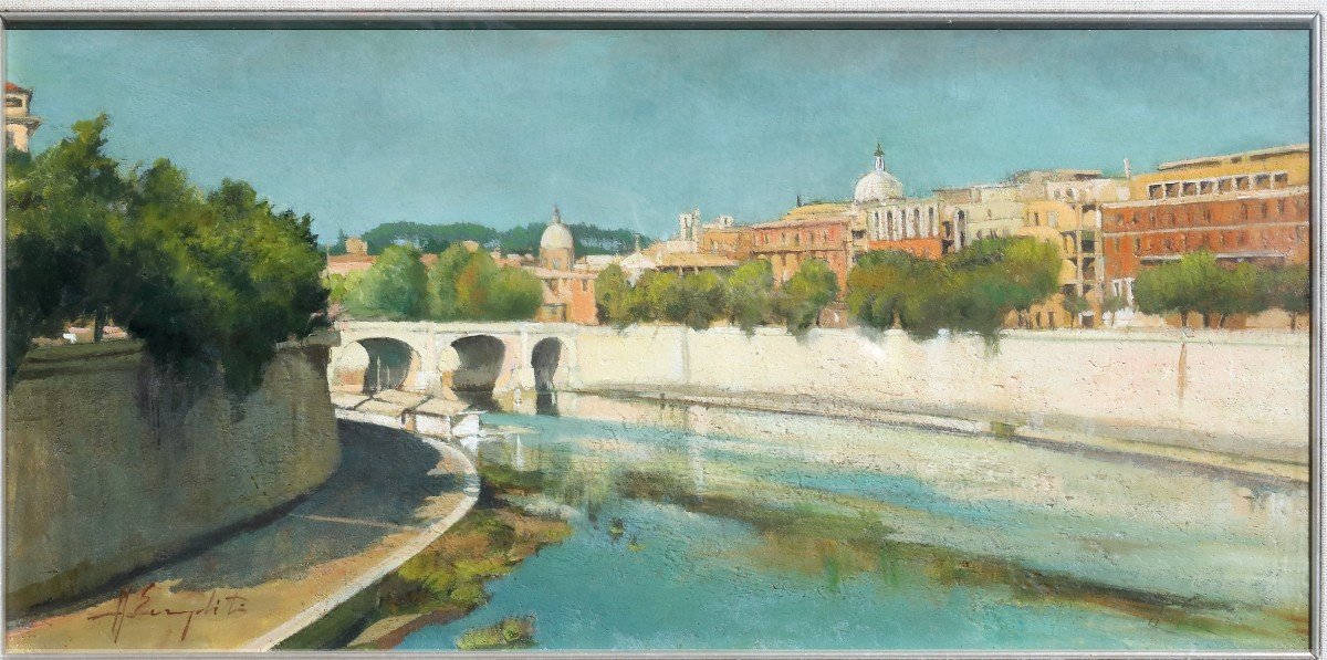 veduta di Roma moderna , lungotevere della Vittoria , Dipinto Italia 1940 ca