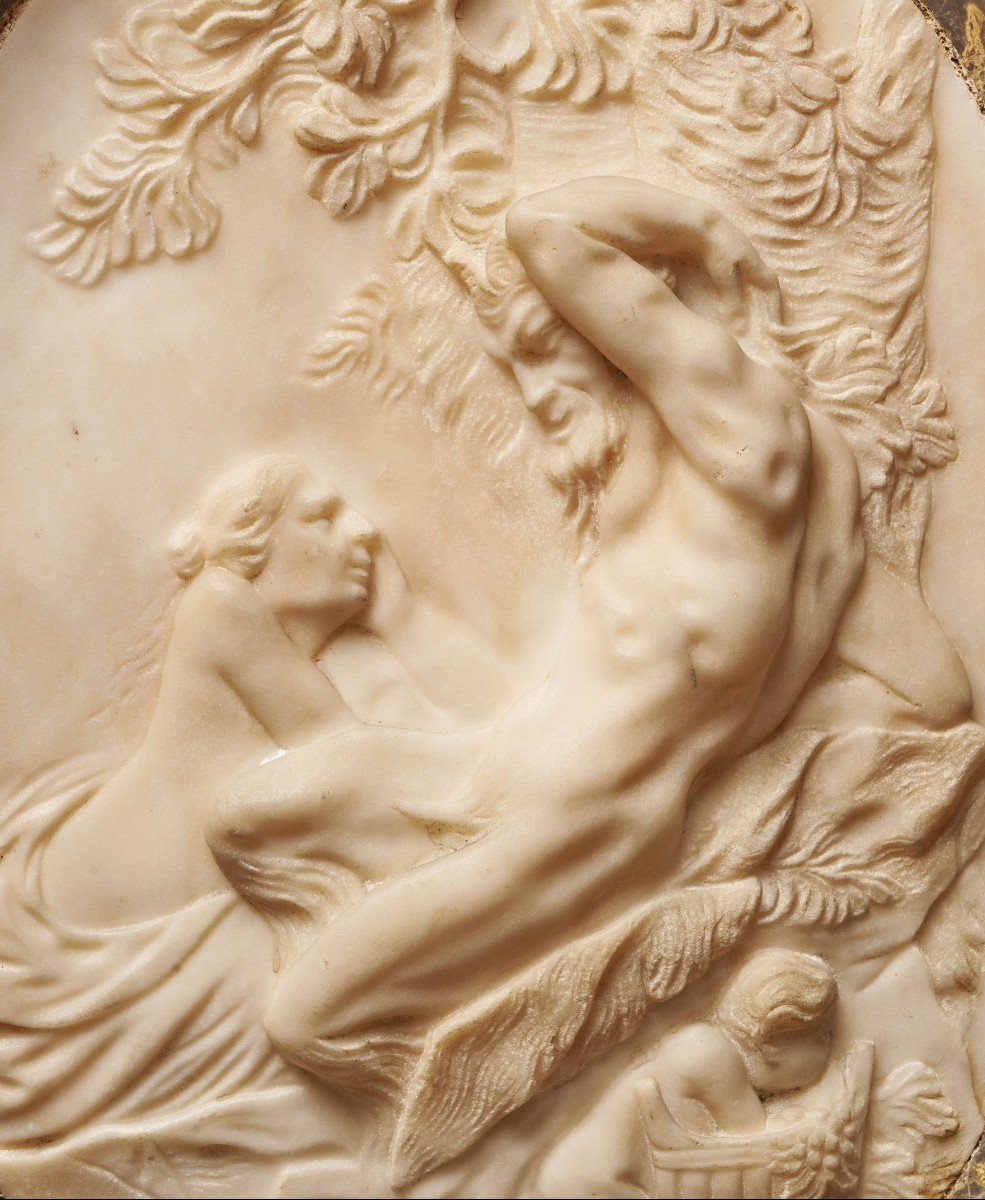 placca a bassorilievo con Ninfa e satiro, scultura marmo,  Scultura marmo Roma XVIII Secolo-photo-2