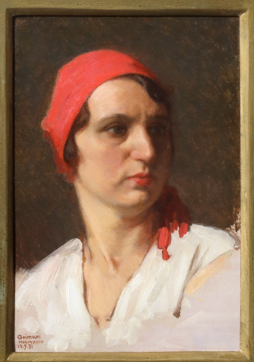 Ritratto di ragazza con foulard rosso, dipinto di Guido Grimani , f.to Italia 1930