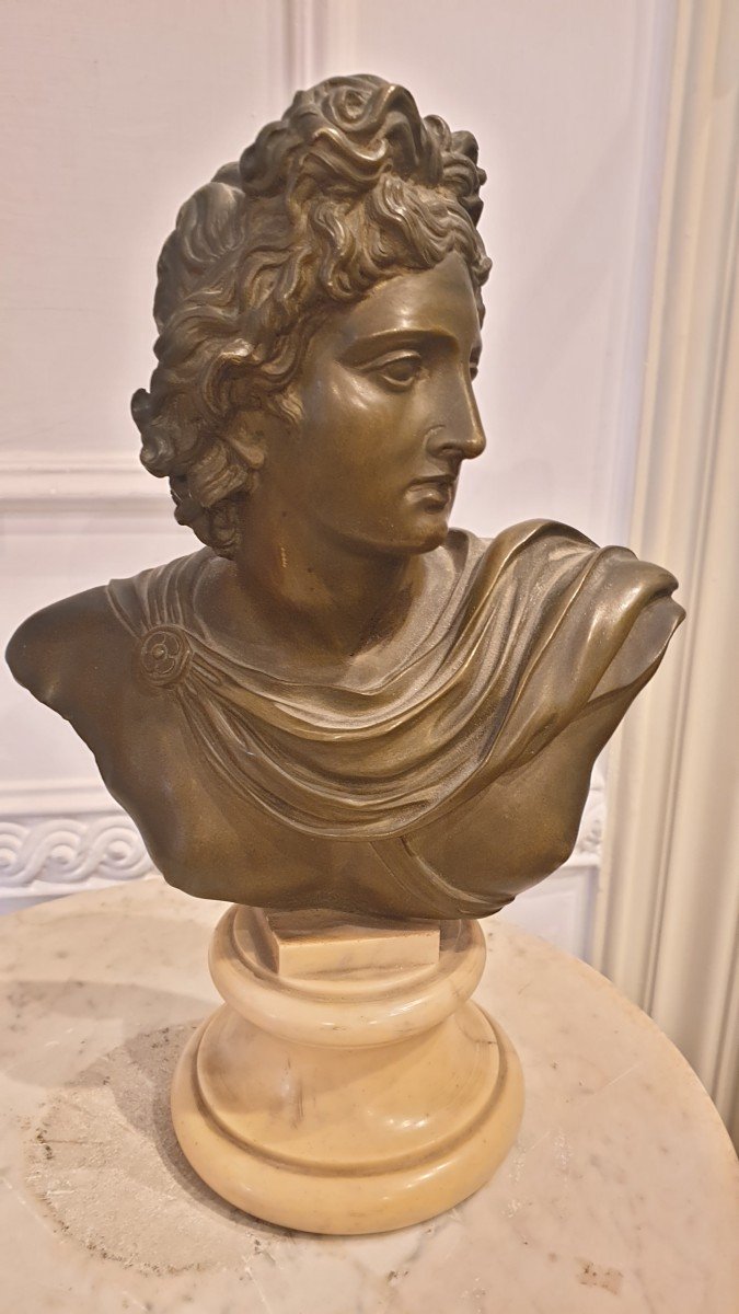 Piccolo busto in bronzo e base in giallo antico Apollo del Belvedere Grand Tour Italia Roma