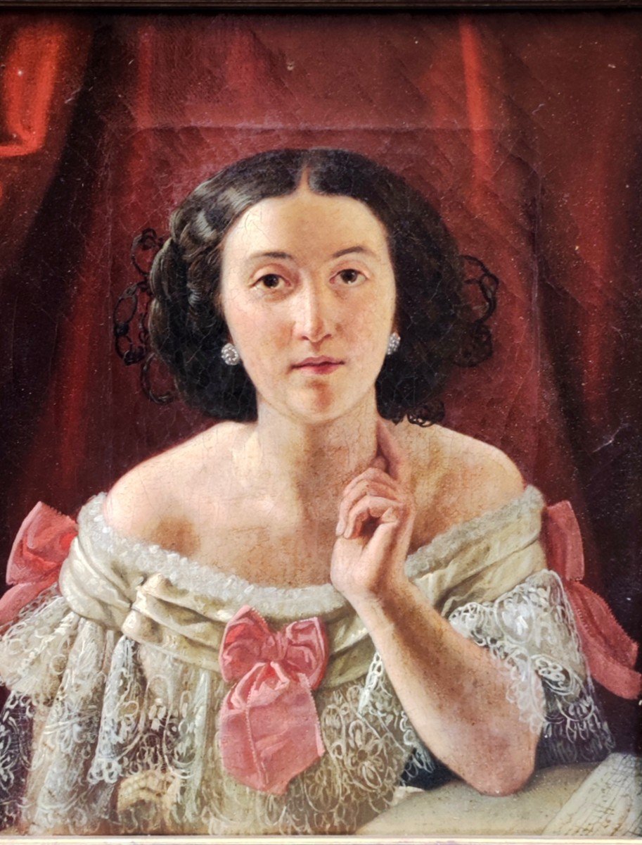 Ritratto di Cantante con  fiocchi rosa , Dipinto , scuola di F Hayez  Milano XIX Secolo -photo-2