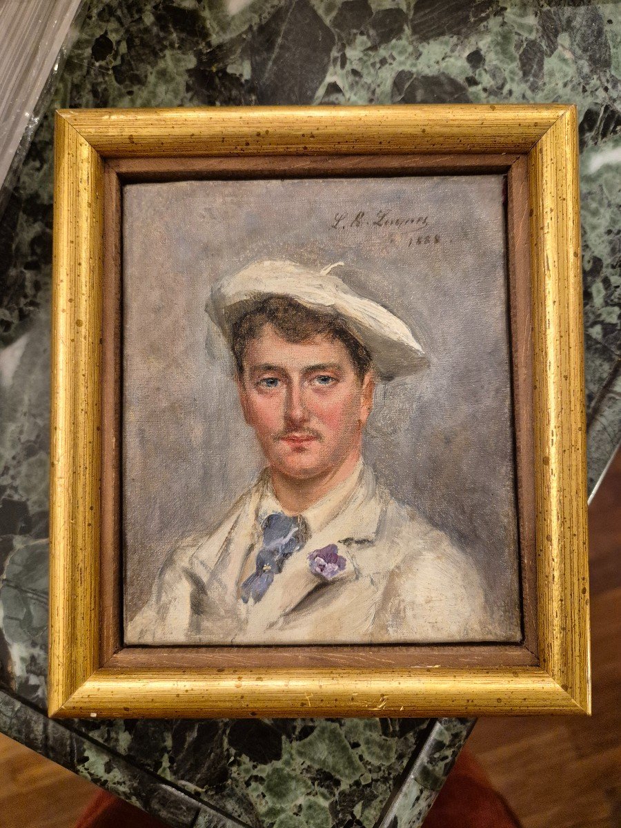 Ritratto di giovane uomo in Bianco, Dandy, Dipinto olio su tela Francia fine XIX Secolo -photo-1