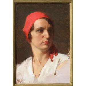Ritratto di ragazza con foulard rosso, dipinto di Guido Grimani , f.to Italia 1930