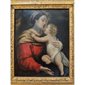 Olio su rame Madonna con Bambino Scuola italiana del Nord, Lombardia, XVII secolo