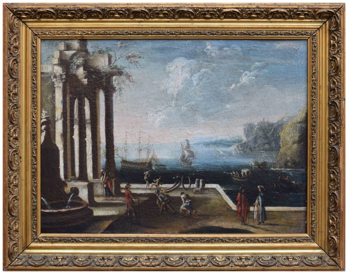 Cerchia di Michele Marieschi (Venezia, 1710 - 1744)  Veduta marina con architettura Olio su tel