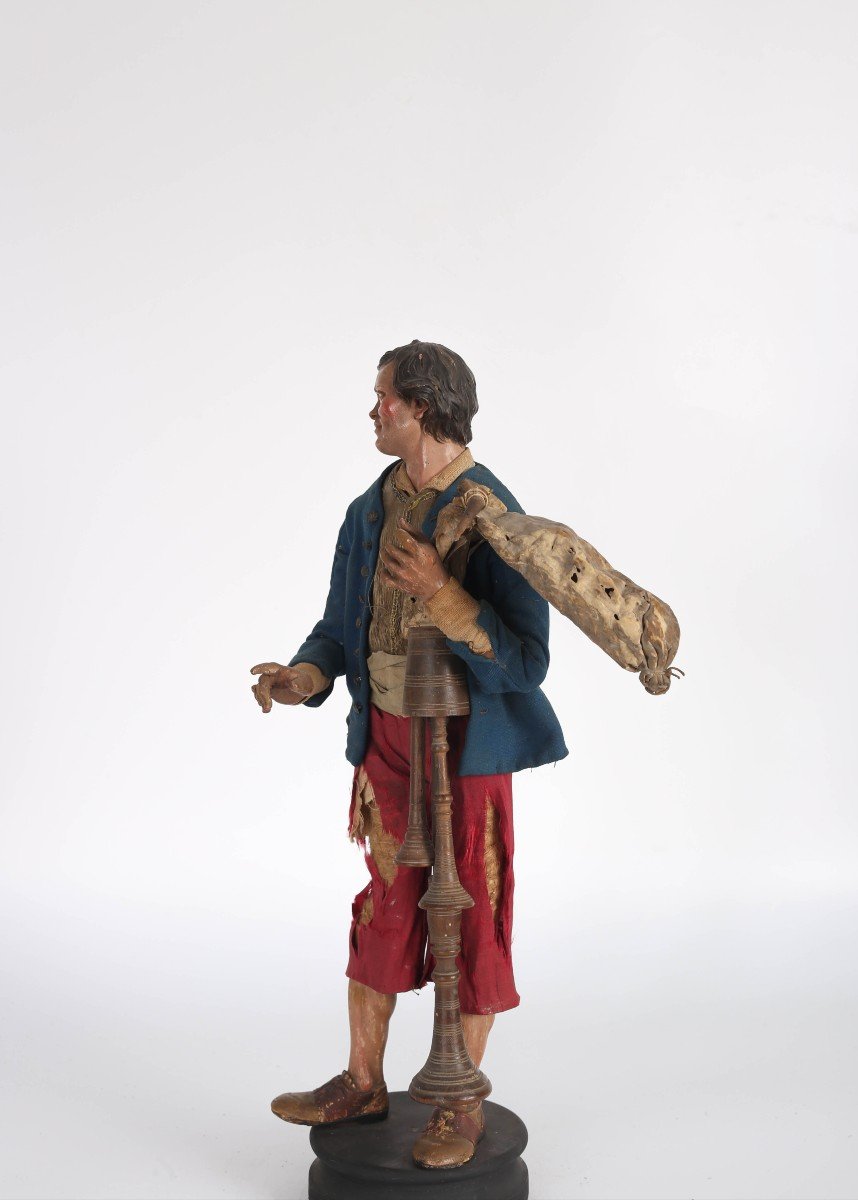 Figura del Presepe Napoletano "Cacciatore di Uccelli", Canapa, Terracotta, Legno. XVIII, Napoli-photo-2