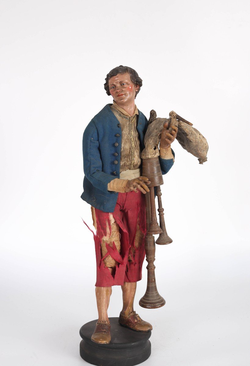 Figura del Presepe Napoletano "Cacciatore di Uccelli", Canapa, Terracotta, Legno. XVIII, Napoli