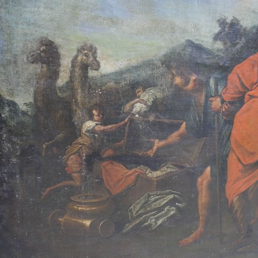 Scuola romana intorno 1650, Labano in cerca degli idoli nella valigia di Giacobbe Olio su tela-photo-4