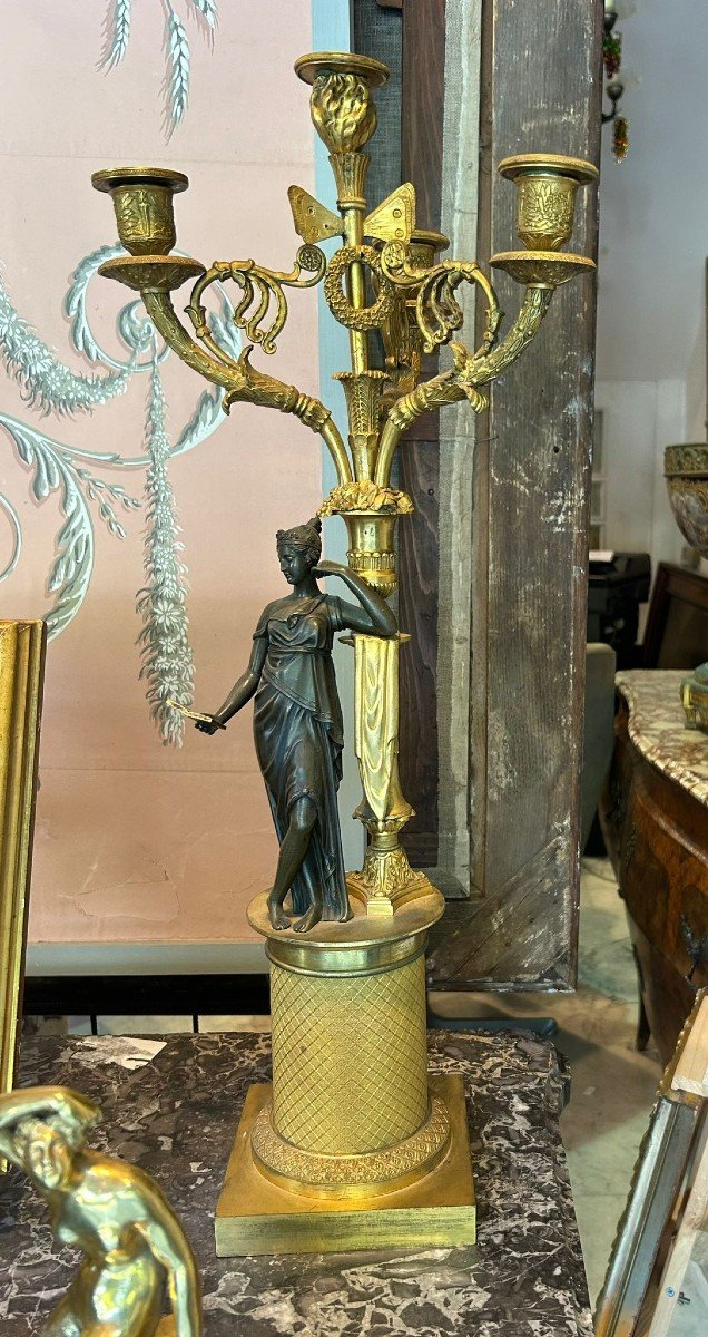 Paio di candelabri Carlo X in bronzo dorato con figure in bronzo in parina scura-photo-1