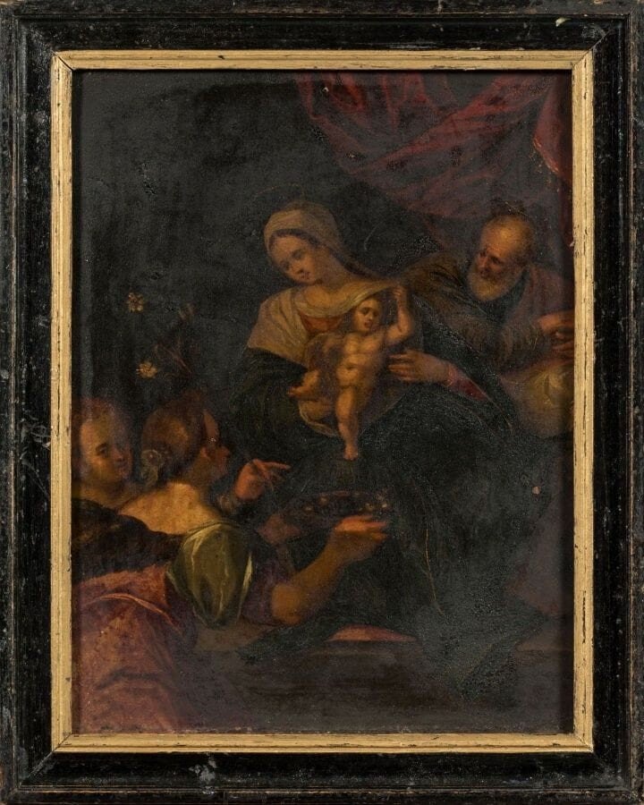 Scuola Italiana del XVI, "Sacra Famiglia”.  Olio su rame