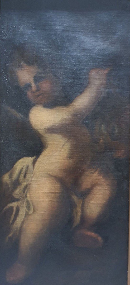 Scuola Italiana 1700 circa . Coppia di oli su tela raffigurante Angeli, 85 X 38 Cm-photo-1