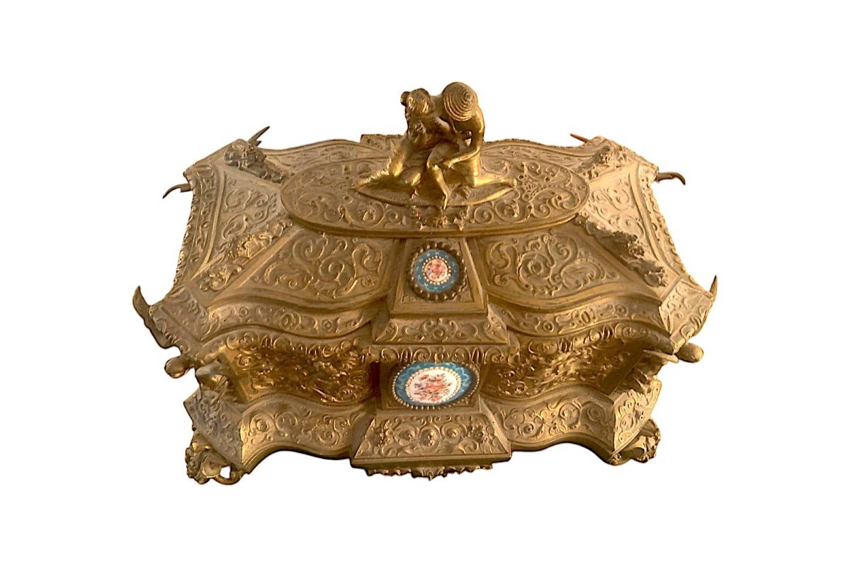 Scatola in bronzo dorato con placche smaltate di Sevres, Napoleone III-photo-2