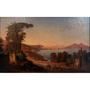 Veduta di Napoli, olio su tela, XIX secolo , firmata Götzloff
