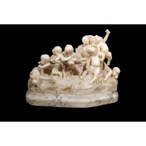 Scultura vendemmiatori, Italia XIX sec., marmo/alabastro, 46x60x28 cm, tracce di firma