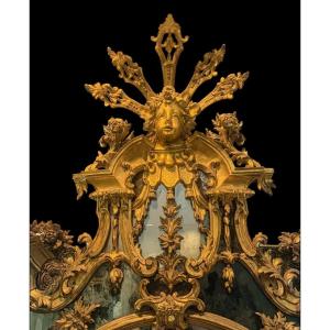 Specchiera XVIII sec., volute, grottesche, mascheroni, dorata, specchi originali, H 285 cm, 