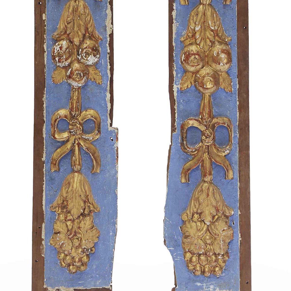 Coppia Fregi Italiani 1700 Legno Intagliato Laccato Azzurro e Oro Fino-photo-2