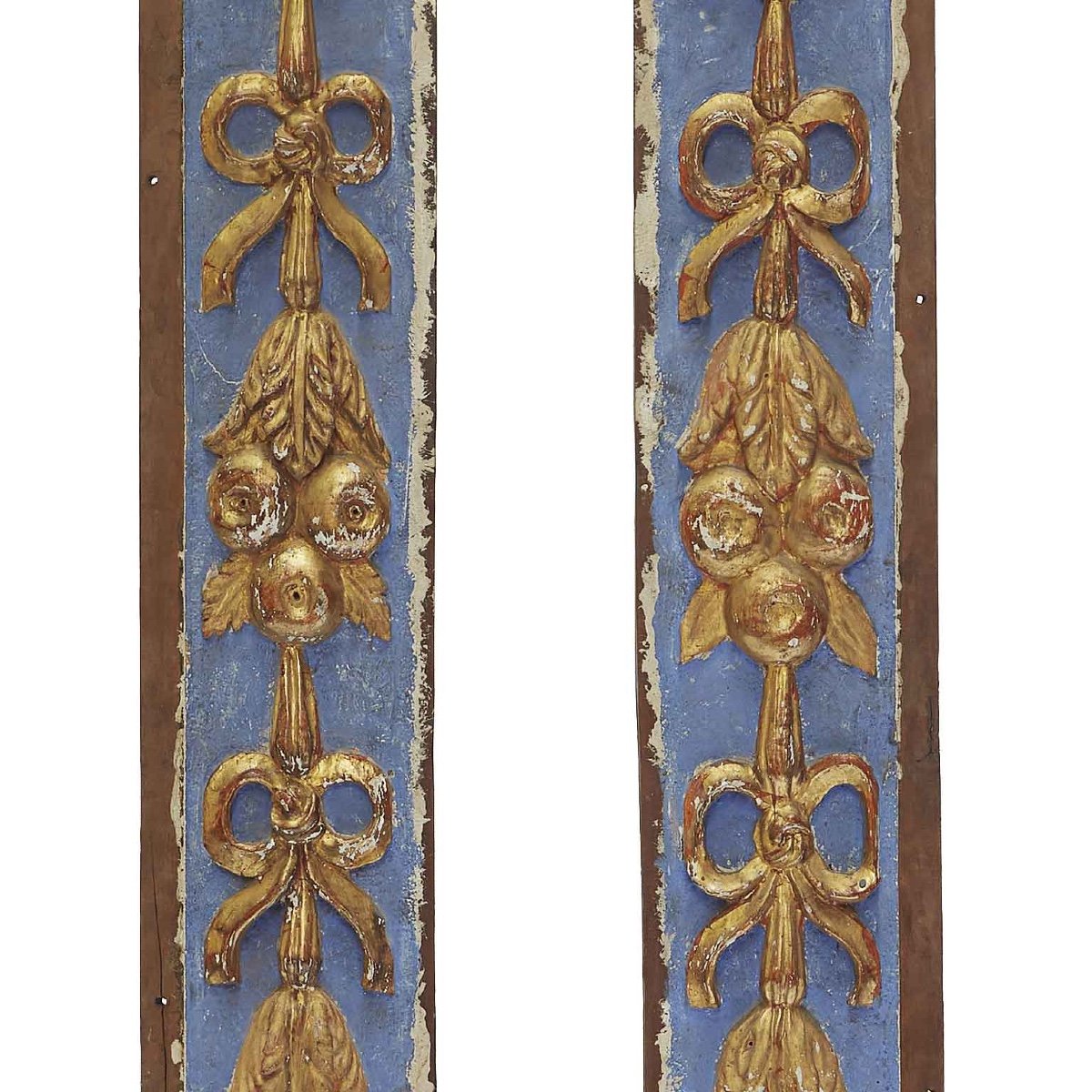 Coppia Fregi Italiani 1700 Legno Intagliato Laccato Azzurro e Oro Fino-photo-3