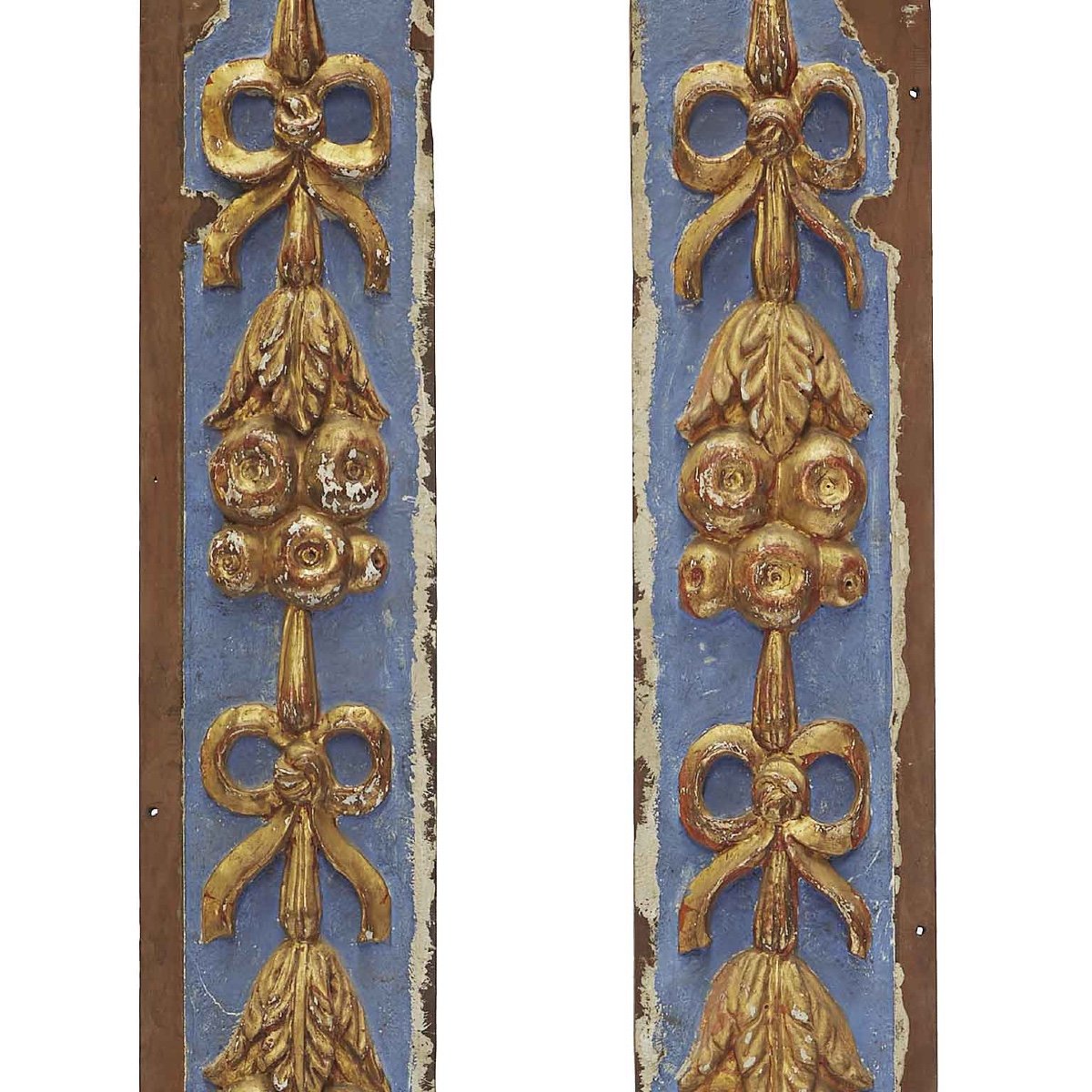 Coppia Fregi Italiani 1700 Legno Intagliato Laccato Azzurro e Oro Fino-photo-4