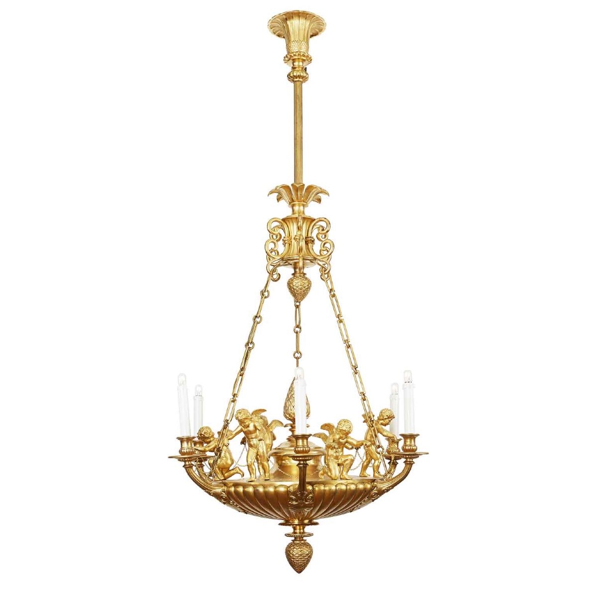 Lampadario Stile Impero in Bronzo Dorato con Putti 1950 circa