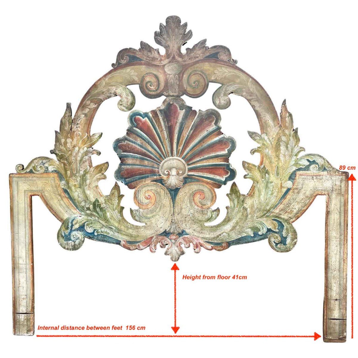 Testata da Letto Matrimoniale Italiana in Legno Dipinto Con Conchiglia e Volute-photo-5