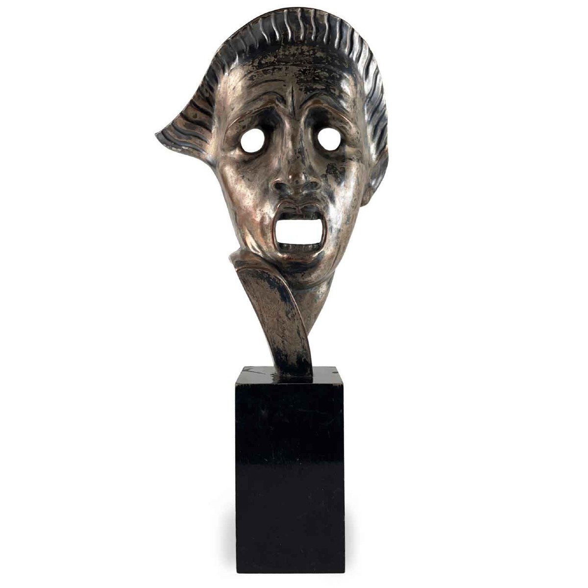 Maschera Tragica Art Deco In Ceramica Argentata del Napoletano Cacciapuoti 1930s-photo-4