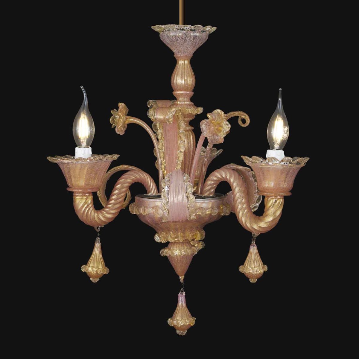 Lampadario Veneziano In Vetro Soffiato Rosa E Oro