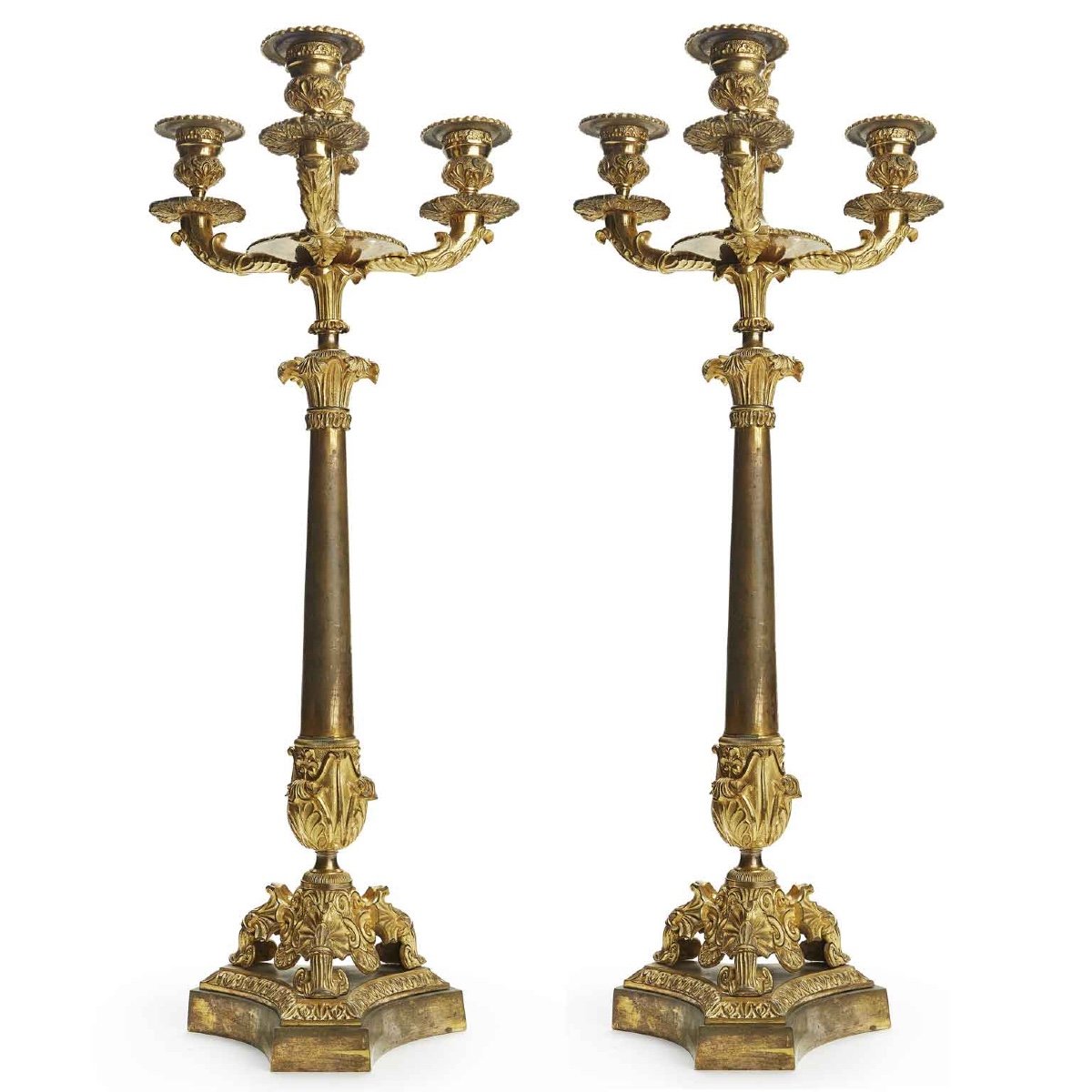 Coppia di Candelabri a Tre Fiamme Impero in Bronzo Dorato 1800