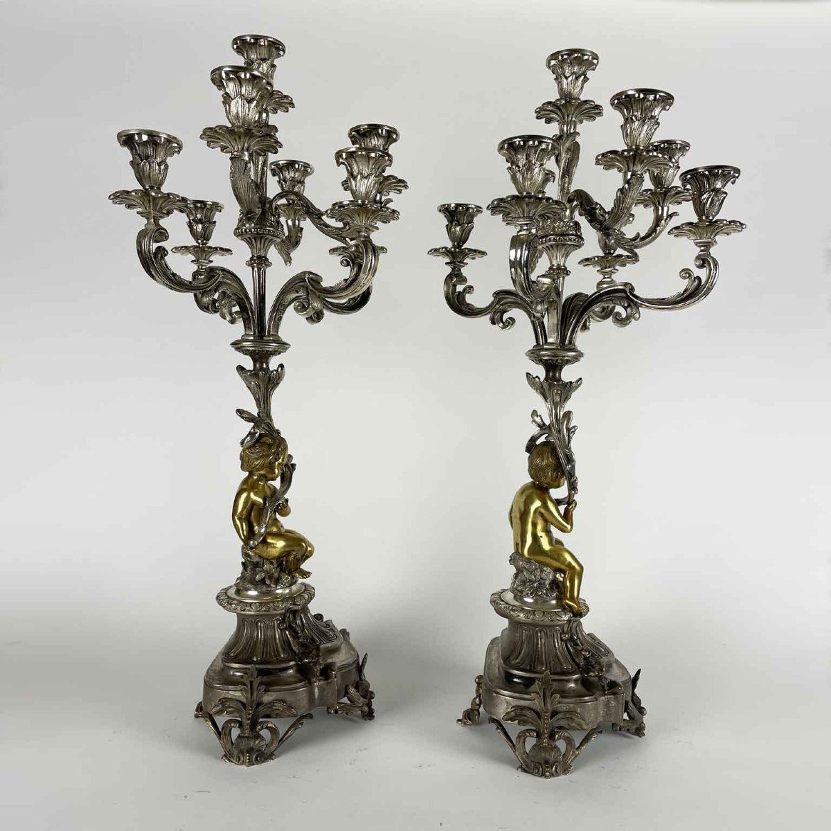 Coppia Di Candelabri In Bronzo Argentato Con Putti Dorati A Otto Bracci 1850 circa-photo-2