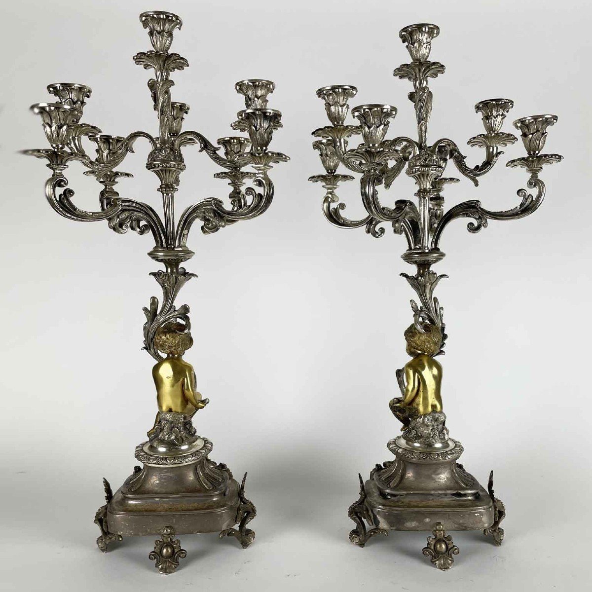 Coppia Di Candelabri In Bronzo Argentato Con Putti Dorati A Otto Bracci 1850 circa-photo-3