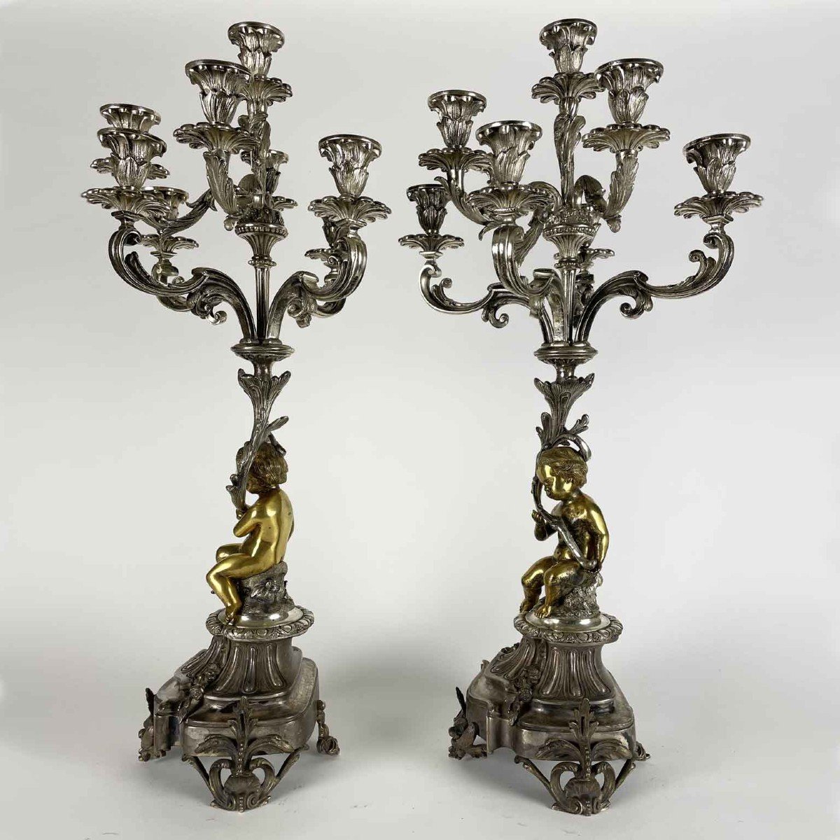 Coppia Di Candelabri In Bronzo Argentato Con Putti Dorati A Otto Bracci 1850 circa-photo-4