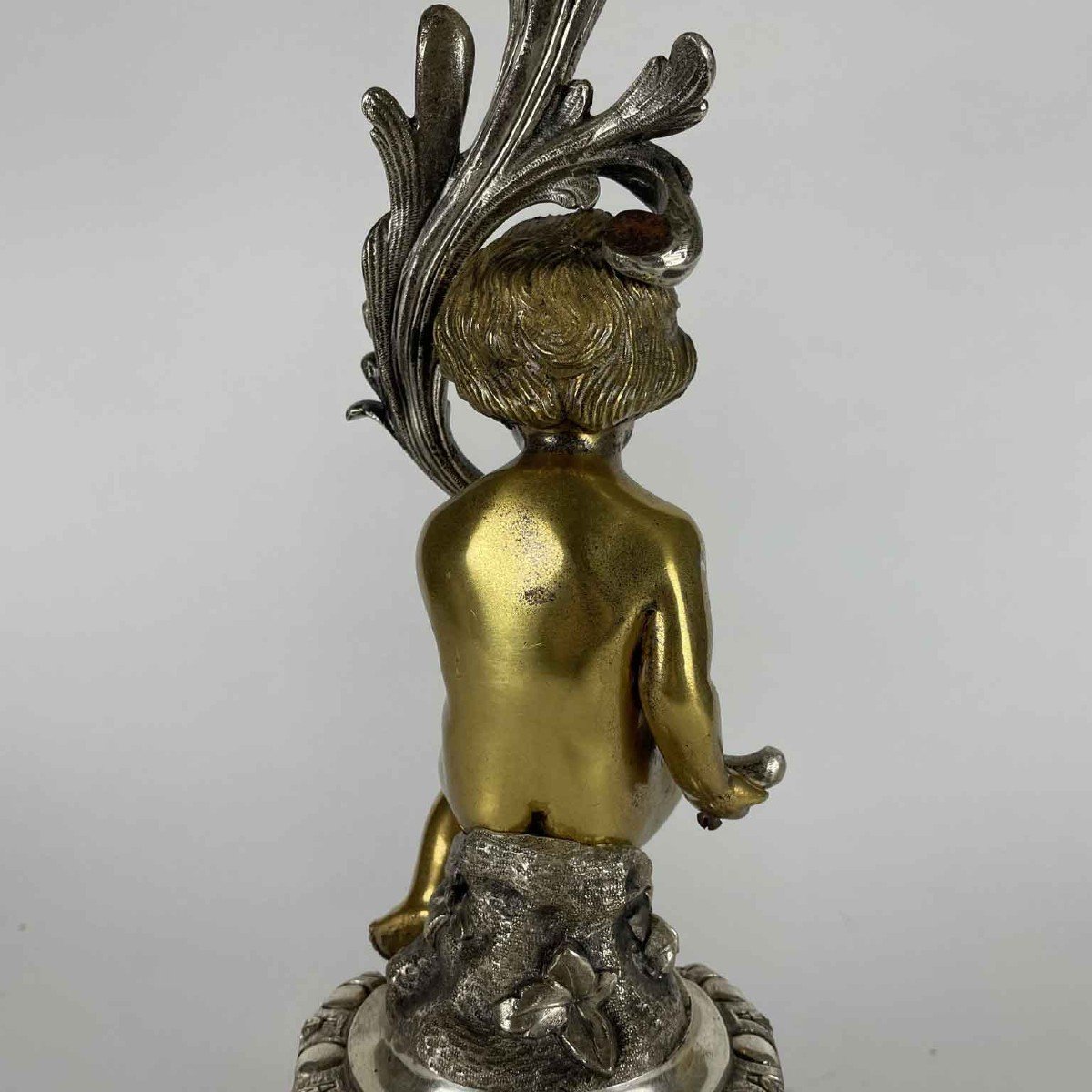 Coppia Di Candelabri In Bronzo Argentato Con Putti Dorati A Otto Bracci 1850 circa-photo-3