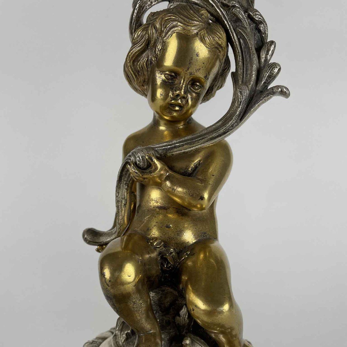 Coppia Di Candelabri In Bronzo Argentato Con Putti Dorati A Otto Bracci 1850 circa-photo-8