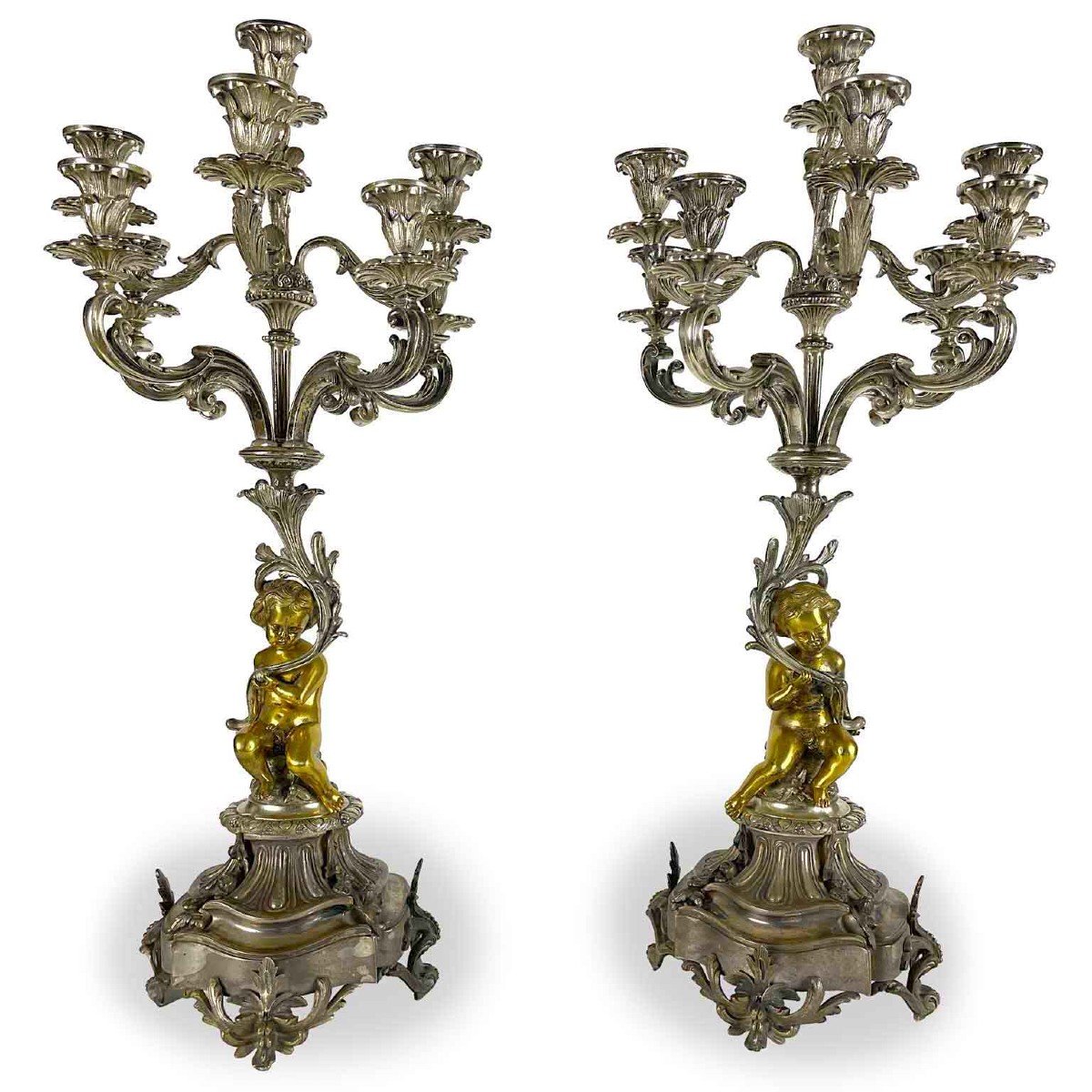 Coppia Di Candelabri In Bronzo Argentato Con Putti Dorati A Otto Bracci 1850 circa