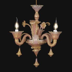 Lampadario Veneziano In Vetro Soffiato Rosa E Oro