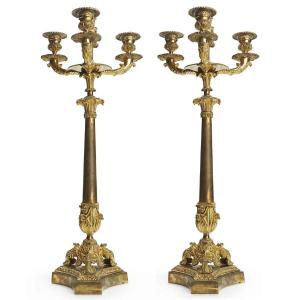 Coppia di Candelabri a Tre Fiamme Impero in Bronzo Dorato 1800