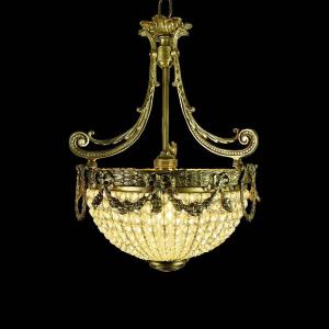 Lampadario Francese Da Ingresso In Bronzo E Cristallo Primi 1900 