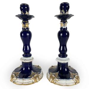 Coppia Di Candelieri Meissen Blu E Oro XIX Secolo