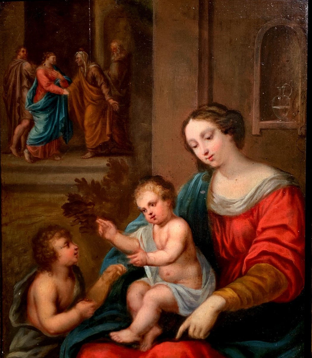 Madonna,Bambin Gesù e San Giovannino. Olio tavola 37,5x32. XVII secolo.-photo-4