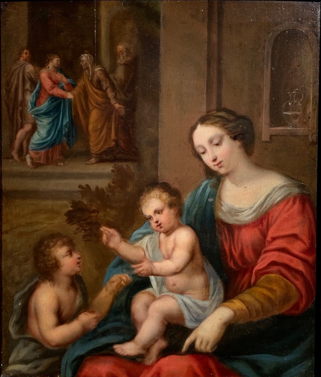 Madonna,Bambin Gesù e San Giovannino. Olio tavola 37,5x32. XVII secolo.