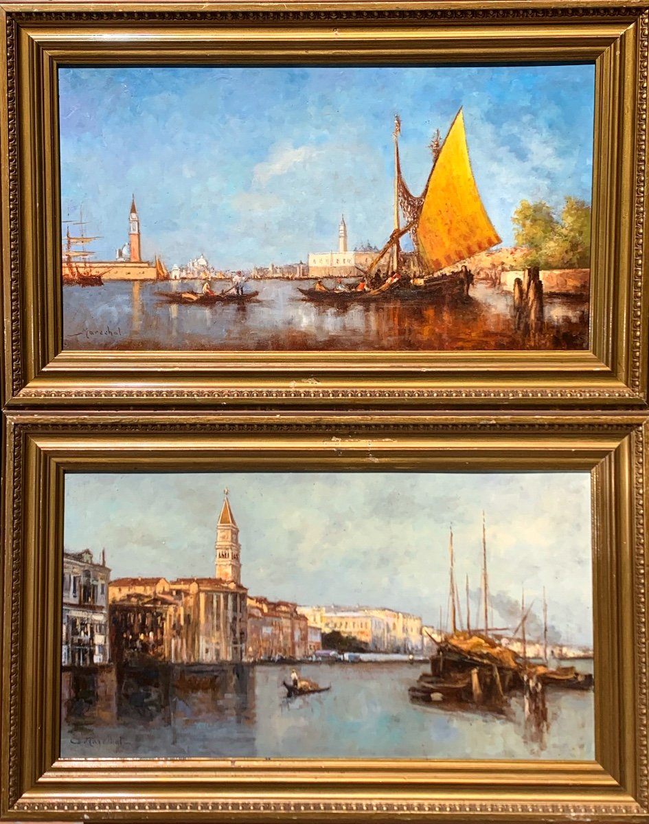 Vedute di Venezia . Olio su pannello 51,5x28,5. Primi ‘900. Firmate Maréchal 