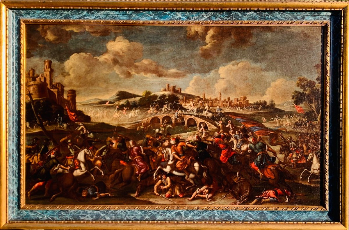 Battaglia fra cavalieri Cristiani e Turchi. Grande olio su tela 153x91. Scuola italiana,del 600