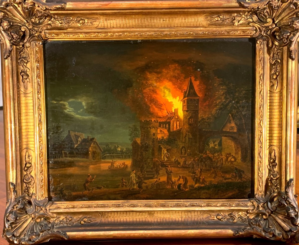 Veduta  notturna con incendio .Olio su tavola 33x26. Firmato Franz Hocheker 1730-1782-photo-2