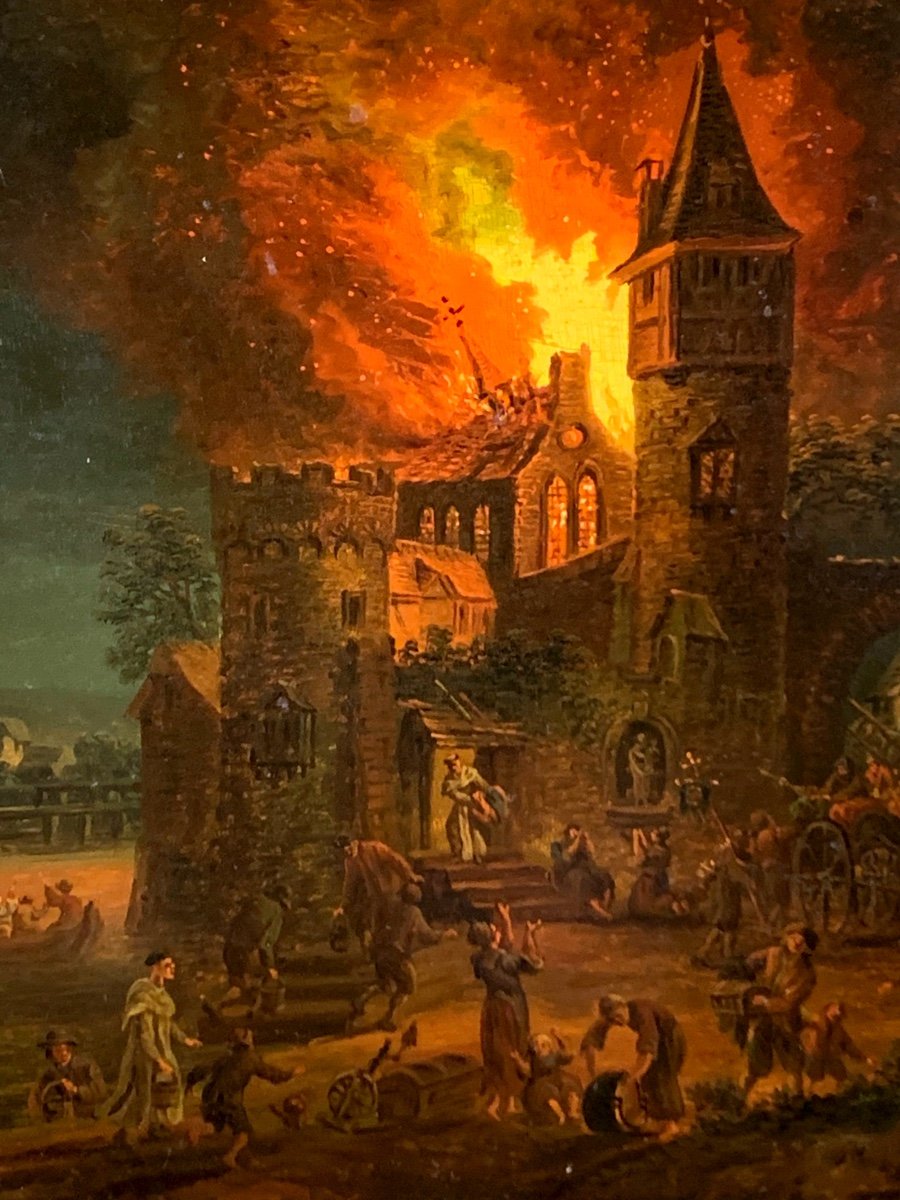 Veduta  notturna con incendio .Olio su tavola 33x26. Firmato Franz Hocheker 1730-1782-photo-1