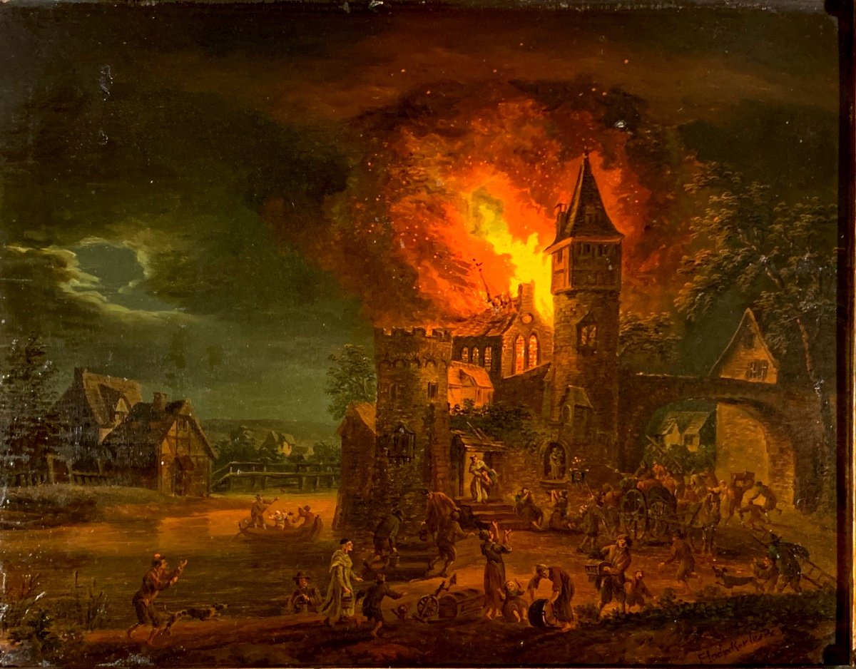 Veduta  notturna con incendio .Olio su tavola 33x26. Firmato Franz Hocheker 1730-1782